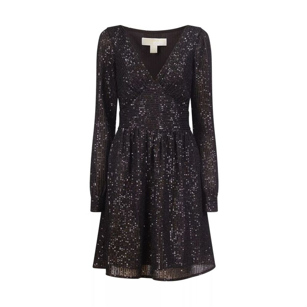 Michael Kors Womens Sequined Baby Doll Dress, Black, Petite, PXL, DM